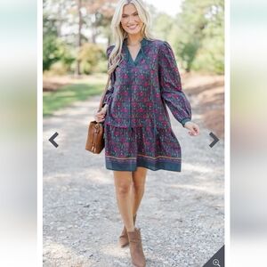 Where You Are Dark Green Printed Dress,  Size L